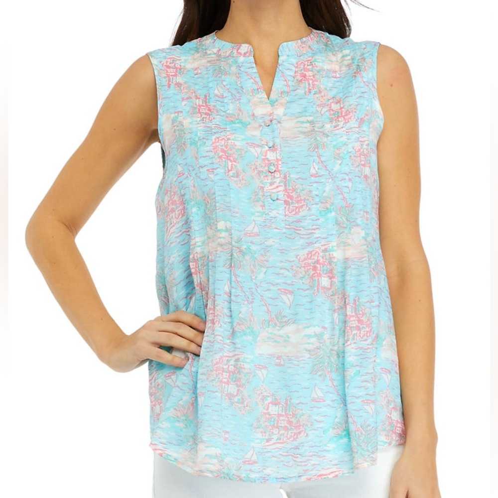 Kim Rogers women’s size large sleeveless printed Henley top aqua resort wear new